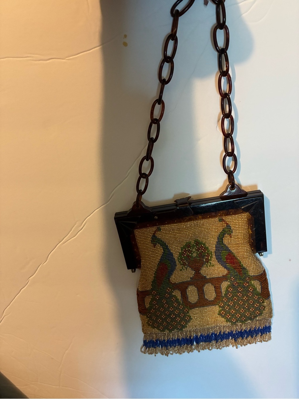 Whiting & Davis Gold Beaded Mini Bag with Multicolor Peacock Motif - Picture 5 of 7